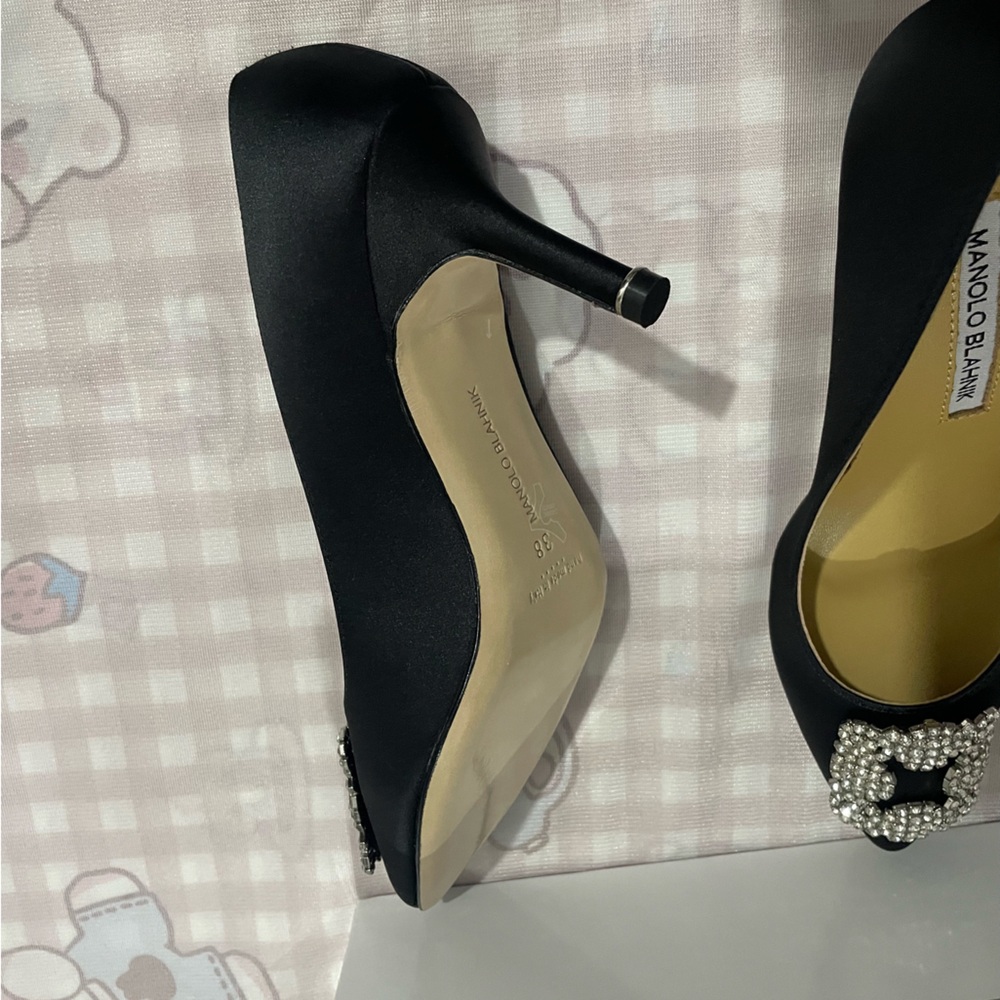 Manolo Blahnik Black Satin Pointed Pumps with Crystal Buckles - Picture 6 of 8